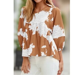 Boutique Floral Babydoll Blouse XL Brown Boho Balloon Sleeve